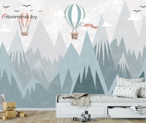 Фотообои горы с воздушными шарами в интерьере детской комнаты
